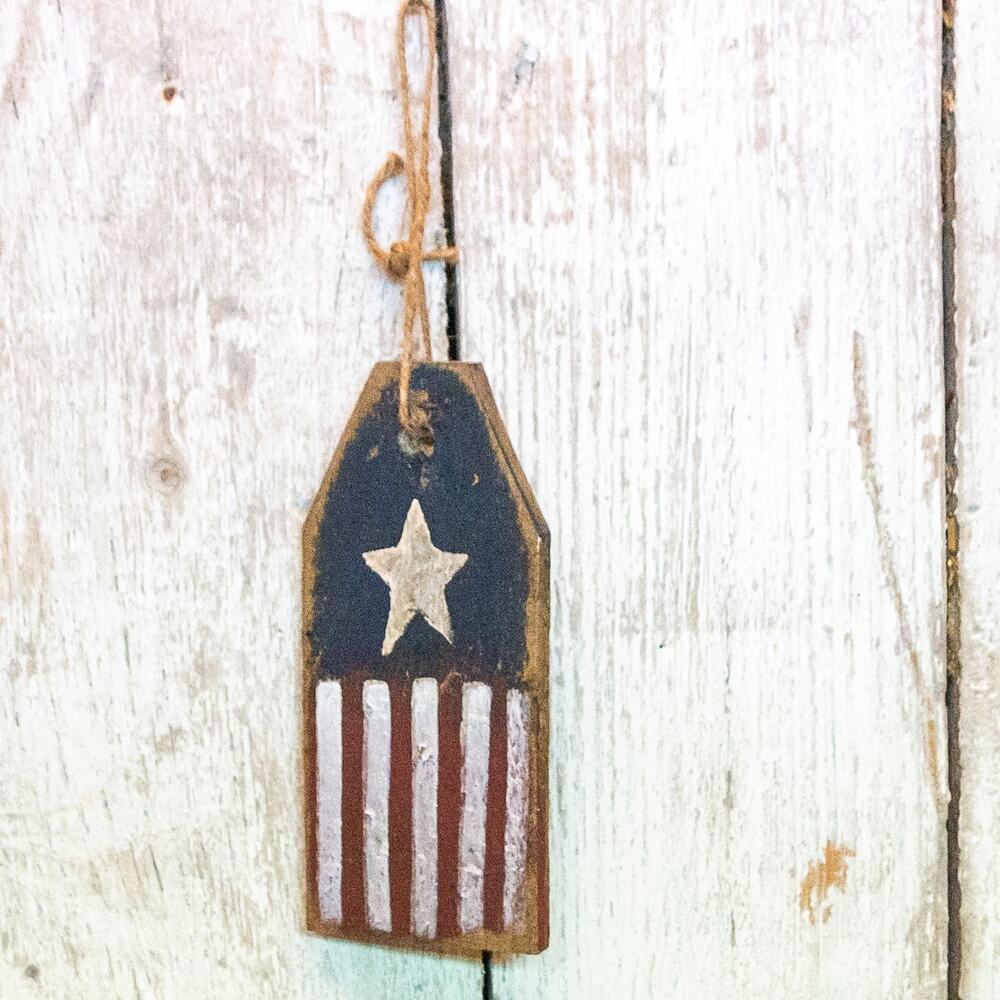 Primitive Wood American Flag Hanging Sign July 4th Star Stripe Patriotic Tag